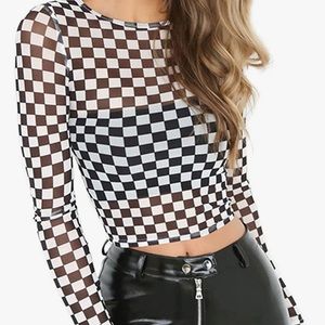 Checkered mesh long sleeve crop top